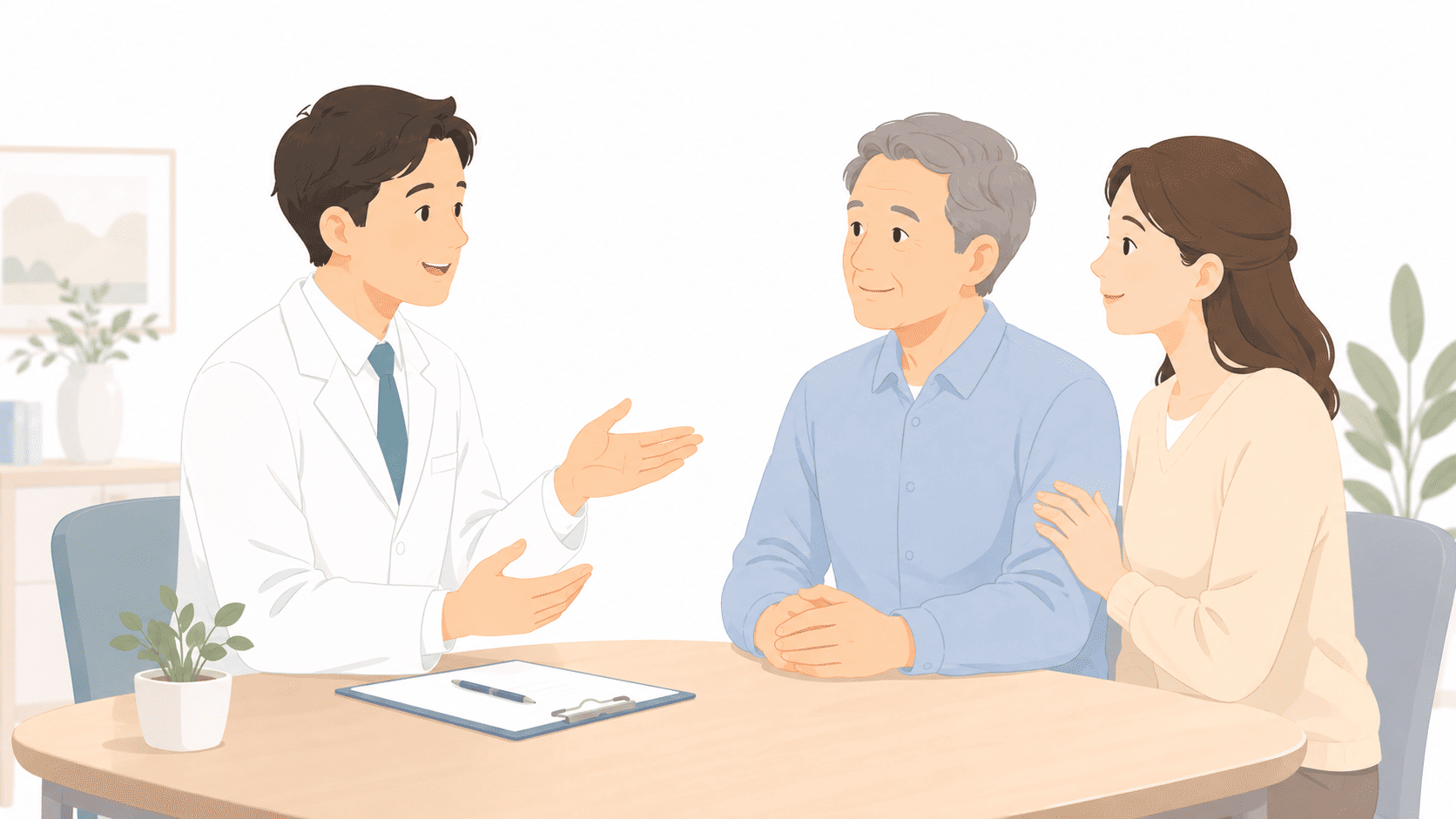 脳梗塞の再生医療について医師から説明を受ける患者と家族