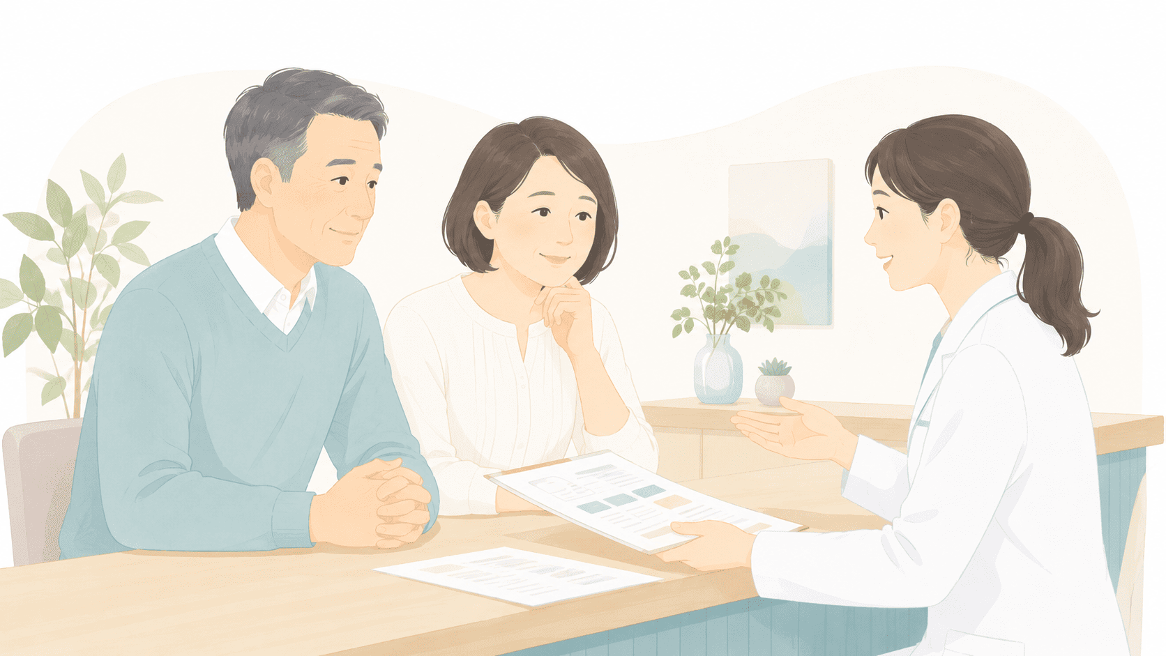 医師が費用について患者と家族に説明している様子